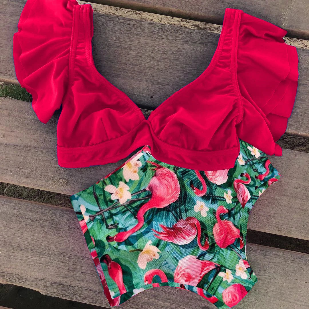 Floral Ruffled Hem Bikini Set Women Flora V-neck High-waisted Two Piece Swimsuit 2025 Girl Beach Bathing Suit Swimwear Biquinis