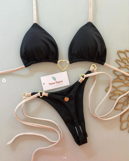 Sexy Halter Solid Color Bikini Set Women Lace-up Swimsuit Two-piece Triangle Thong Swimwear Bathing Suit Brazilian Biquinis