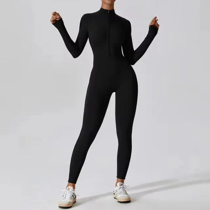One-piece Skin-tight Garment Yoga Boilersuit Long Sleeved Women's Sportswear Gym Zipper Jumpsuits Workout High-intensity Fitness