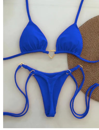 Sexy Halter Solid Color Bikini Set Women Lace-up Swimsuit Two-piece Triangle Thong Swimwear Bathing Suit Brazilian Biquinis