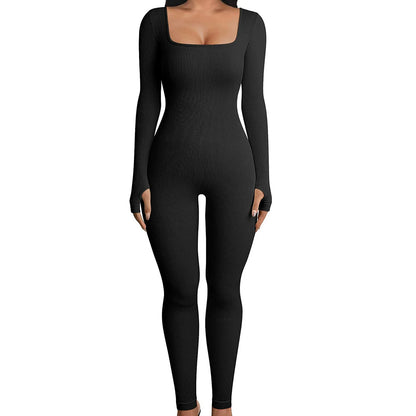 Solid Color Ribbed Yoga Jumpsuit, Seamless Slim Fit Long Sleeve Sports Bodysuit, Women's Activewear
