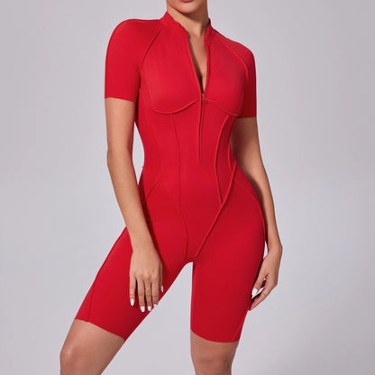 Summer Zipper Workout Jumpsuit Sports Overalls Women Running Fitness Short Sleeve Yoga Bodysuit