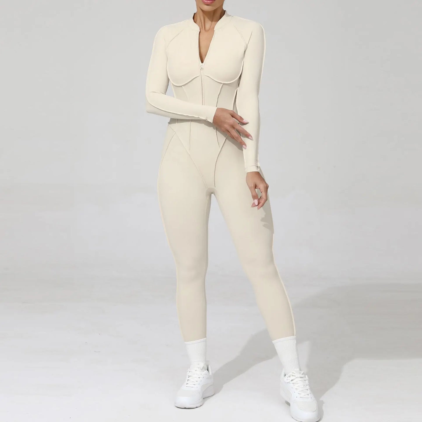 2025 Women's One-piece Yoga Jumpsuit leggings Zipper Nylon Long-sleeved Sexy Backless Slim Fit Sports Outfit with chest pad