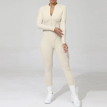 2025 Women's One-piece Yoga Jumpsuit leggings Zipper Nylon Long-sleeved Sexy Backless Slim Fit Sports Outfit with chest pad