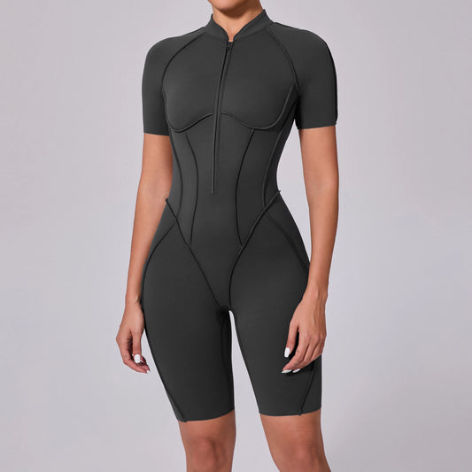 Summer Zipper Workout Jumpsuit Sports Overalls Women Running Fitness Short Sleeve Yoga Bodysuit