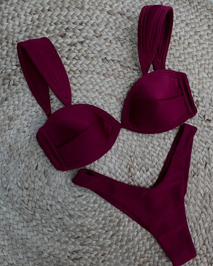 Deep Red Women Swimwear Set with Soft Elastic Fabric Pearl Beading Stylish Beachwear for Summer Light Background Contrast Design