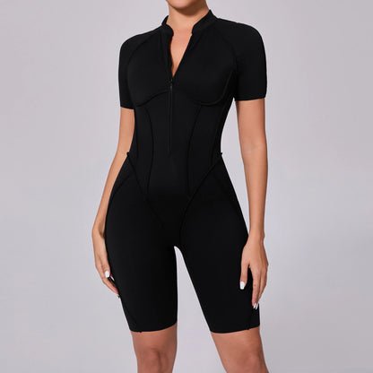 Summer Zipper Workout Jumpsuit Sports Overalls Women Running Fitness Short Sleeve Yoga Bodysuit
