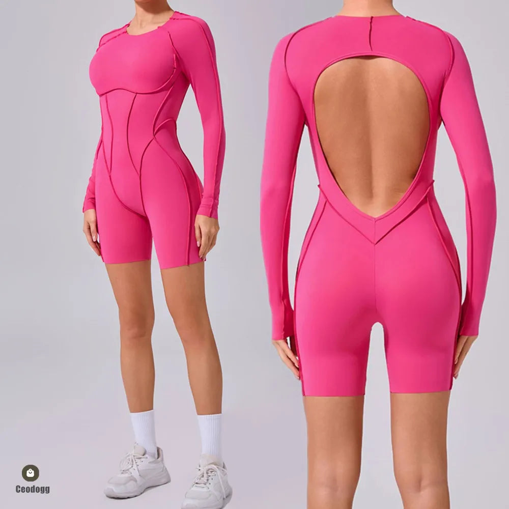 Pad Sleeveless Women Clothes Backless Yoga Set Gym Jumpsuits Sportswear Workout Tracksuit Dance Fitness Shorts Bodysuit XP77