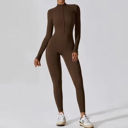 One-piece Skin-tight Garment Yoga Boilersuit Long Sleeved Women's Sportswear Gym Zipper Jumpsuits Workout High-intensity Fitness