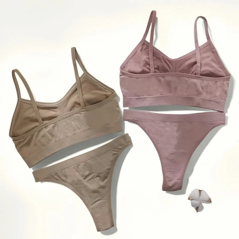 Women Seamless Bra Set Sports Thin Bra Female Comfort Underwear Set Low Wasit Thongs Wire Free Soft Crop Top Sexy Lingerie Set