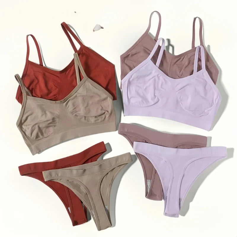Women Seamless Bra Set Sports Thin Bra Female Comfort Underwear Set Low Wasit Thongs Wire Free Soft Crop Top Sexy Lingerie Set