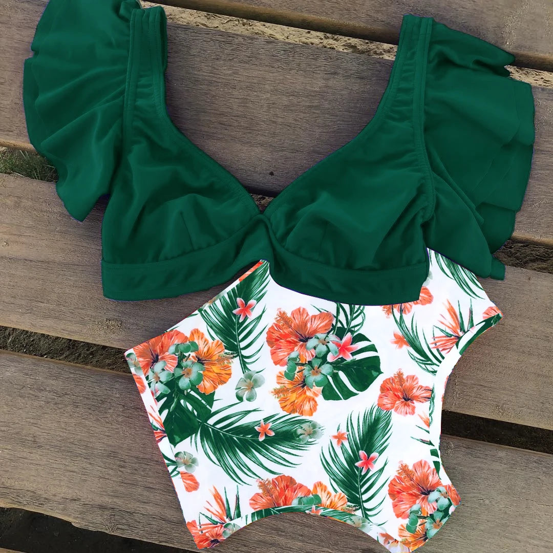 Floral Ruffled Hem Bikini Set Women Flora V-neck High-waisted Two Piece Swimsuit 2025 Girl Beach Bathing Suit Swimwear Biquinis