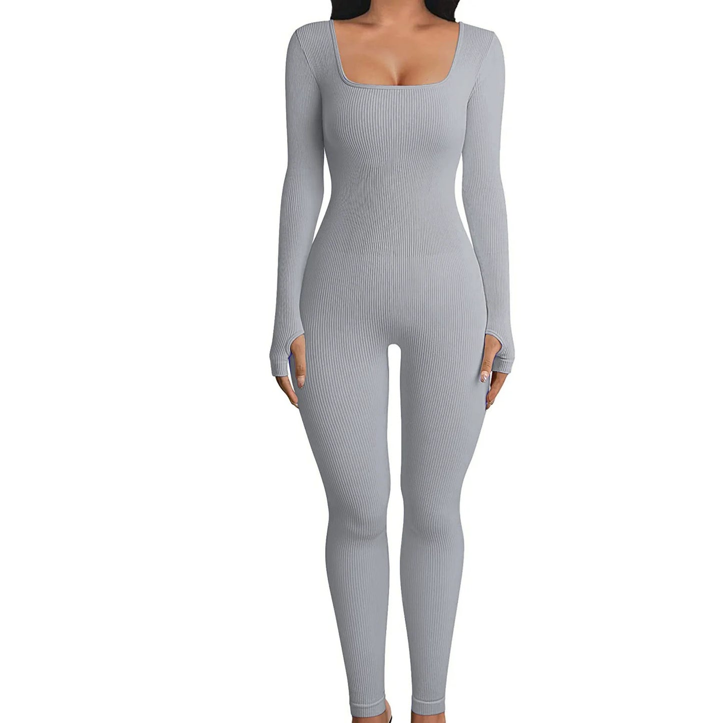 Solid Color Ribbed Yoga Jumpsuit, Seamless Slim Fit Long Sleeve Sports Bodysuit, Women's Activewear
