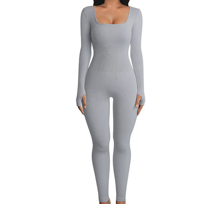 Solid Color Ribbed Yoga Jumpsuit, Seamless Slim Fit Long Sleeve Sports Bodysuit, Women's Activewear