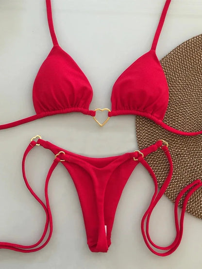 Sexy Halter Solid Color Bikini Set Women Lace-up Swimsuit Two-piece Triangle Thong Swimwear Bathing Suit Brazilian Biquinis