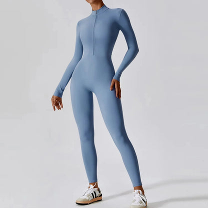 One-piece Skin-tight Garment Yoga Boilersuit Long Sleeved Women's Sportswear Gym Zipper Jumpsuits Workout High-intensity Fitness