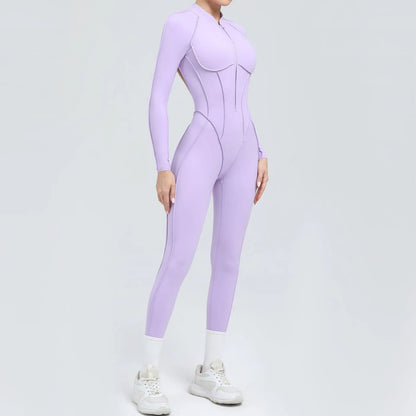 2025 Women's One-piece Yoga Jumpsuit leggings Zipper Nylon Long-sleeved Sexy Backless Slim Fit Sports Outfit with chest pad