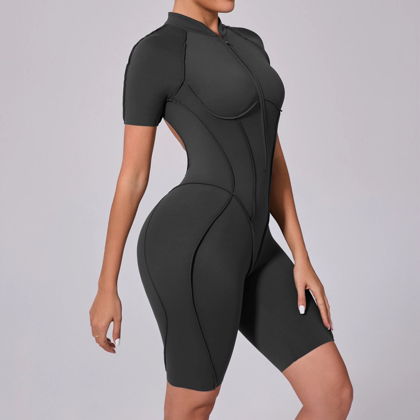 Summer Zipper Workout Jumpsuit Sports Overalls Women Running Fitness Short Sleeve Yoga Bodysuit