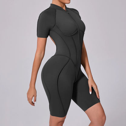 Summer Zipper Workout Jumpsuit Sports Overalls Women Running Fitness Short Sleeve Yoga Bodysuit