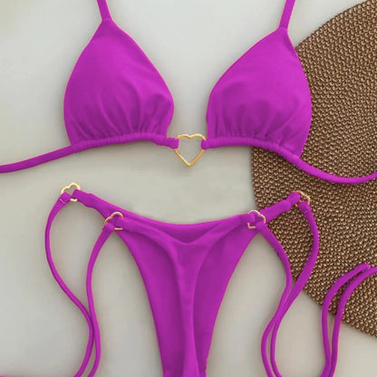 Sexy Halter Solid Color Bikini Set Women Lace-up Swimsuit Two-piece Triangle Thong Swimwear Bathing Suit Brazilian Biquinis