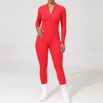 2025 Women's One-piece Yoga Jumpsuit leggings Zipper Nylon Long-sleeved Sexy Backless Slim Fit Sports Outfit with chest pad
