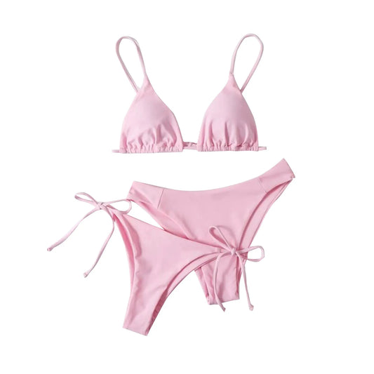 Women's Summer Fashion Sexy Basic Solid Color Backless Lace-up High Waist Adjust Buckle Sling Bikini Three-pieces Swimsuit