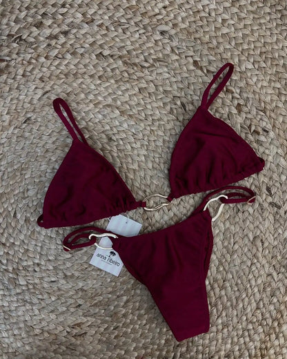 Deep Red Women Swimwear Set with Soft Elastic Fabric Pearl Beading Stylish Beachwear for Summer Light Background Contrast Design