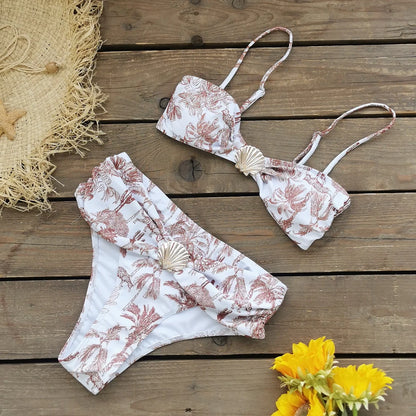 2025 Trend Shell High Waist Bikini With Beach Cover Ups Women 3Pcs Swimsuits Fashion Long Sleeves Dress Lady Holiday Beach Wear