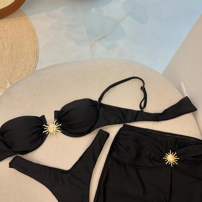 3 Pieces Bikini Set Push Up Bikini 2024 Sexy Women Swimsuit Shiny Skirt Female Swimwear Brazil Bathing Suit Beachwear Cover Ups